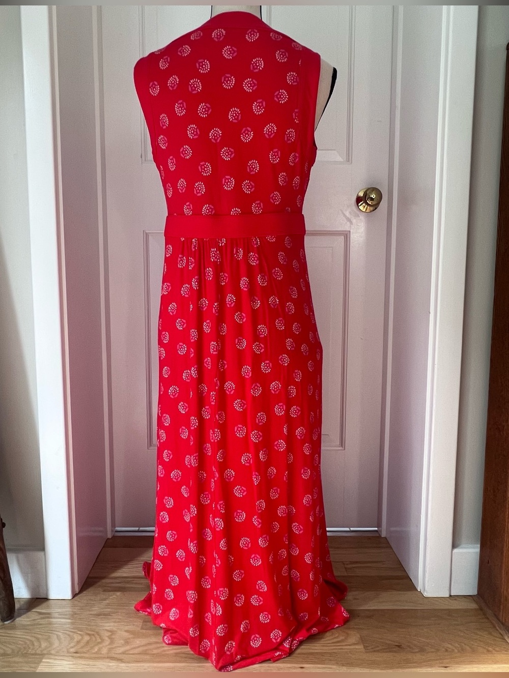 Lands End Red Sleeveless Maxi Dress, Floral Pattern, Empire Waist, Sz S - Picture 5 of 10
